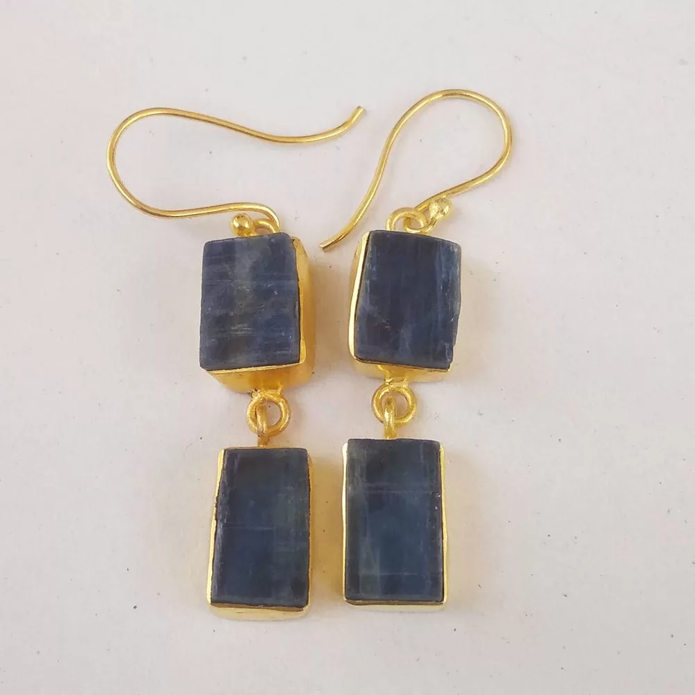 18K Yellow Gold Plated Natural Blue Kyanite Gemstone Earrings