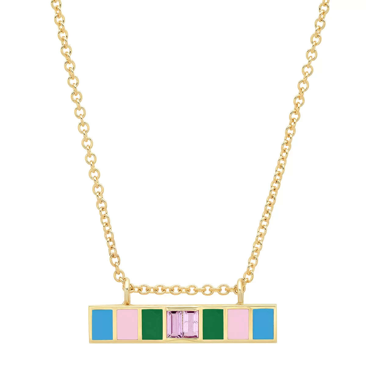 18K YG Loren Pink Sapphire Baguette Enamel Bar Necklace