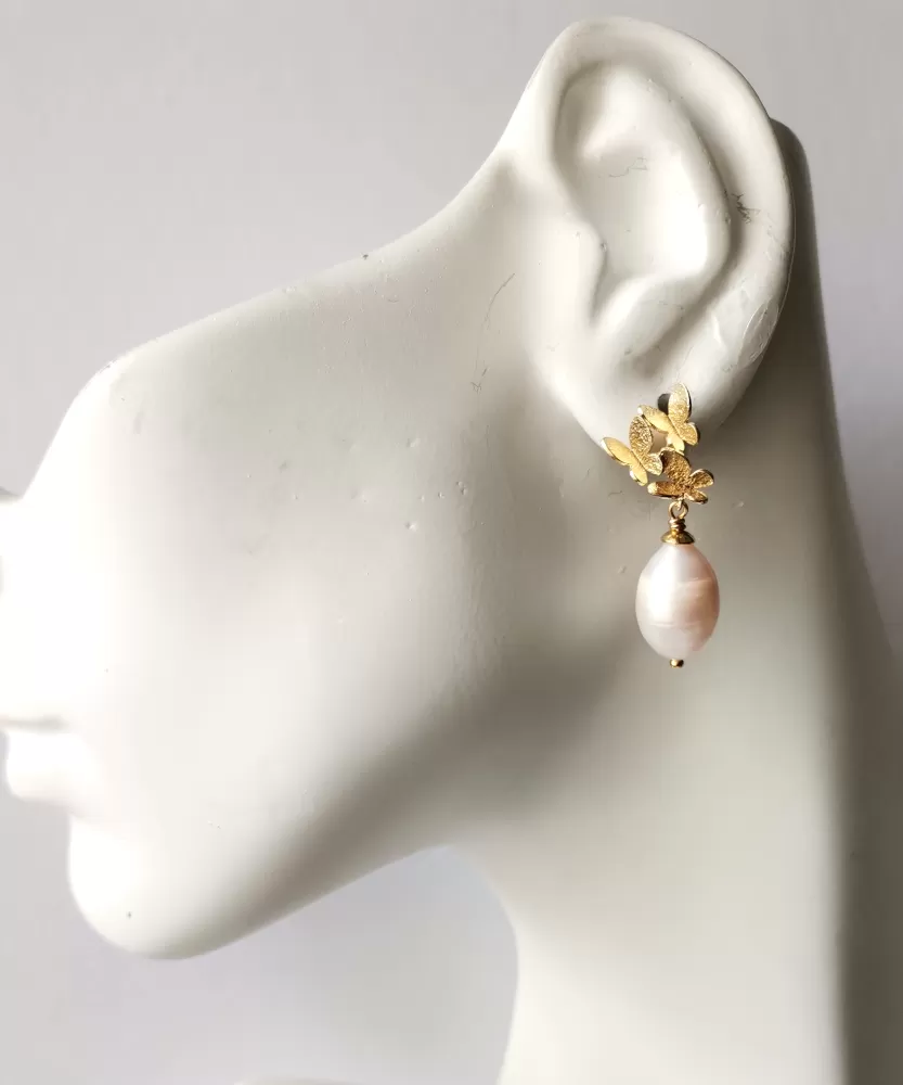 3 Butterflies with Freshwater Pearls Stud Earrings