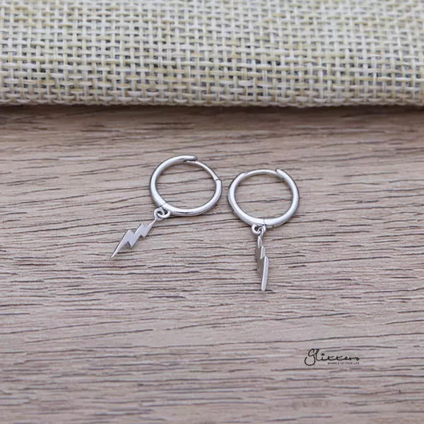 925 Sterling Silver One-Touch Hoop Earrings with Dangle Lightning