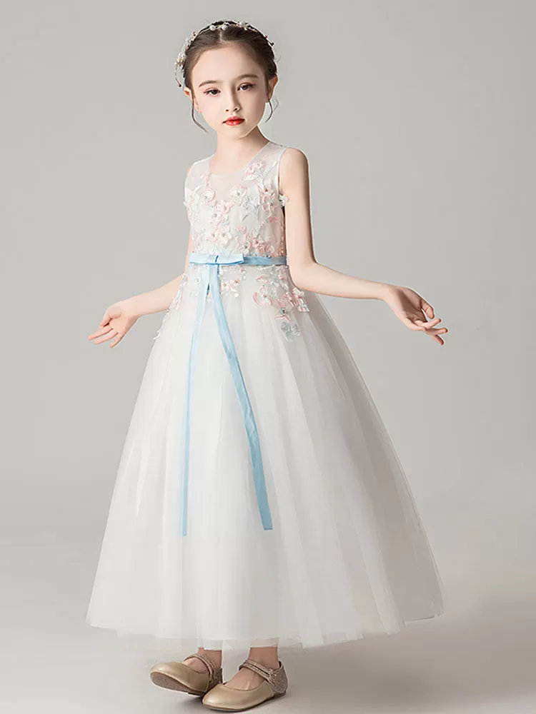 A-line Embroidered Kids Party Dresses Flower Girl Dresses Jewel Neck Sleeveless