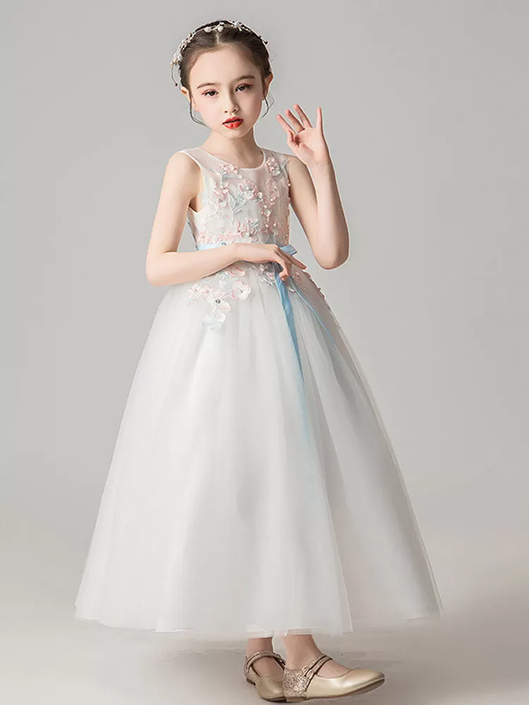 A-line Embroidered Kids Party Dresses Flower Girl Dresses Jewel Neck Sleeveless