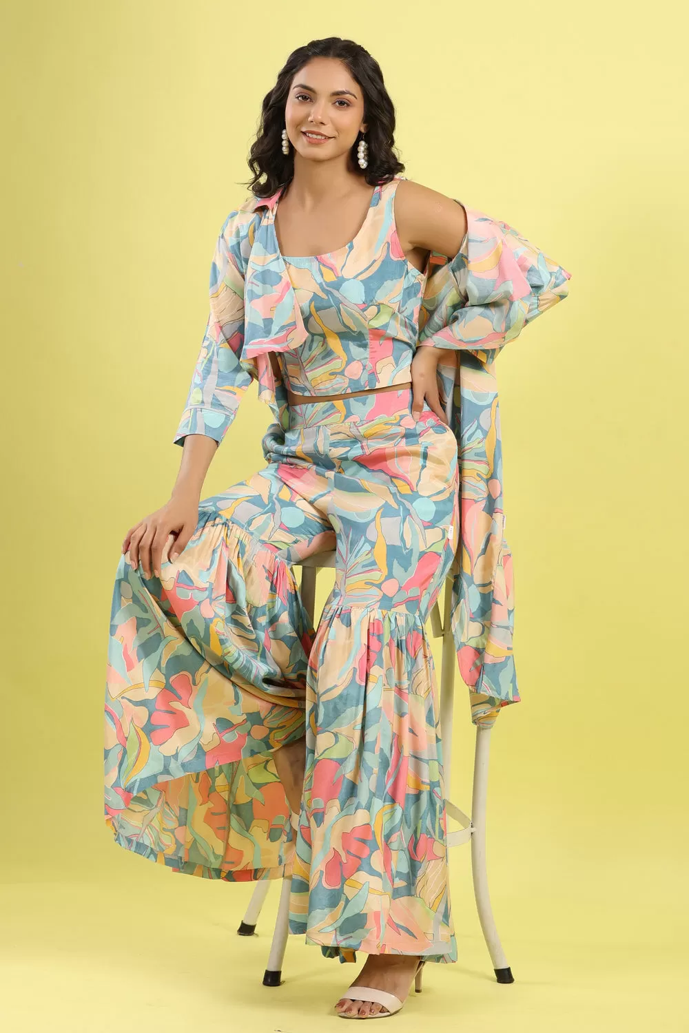 Abstract Art on Blue Three Piece Silk Co-ord Set