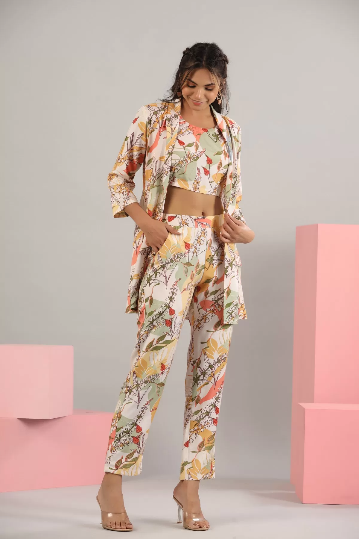 Abstract Leaves on Off-white Russian Silk Three Piece set