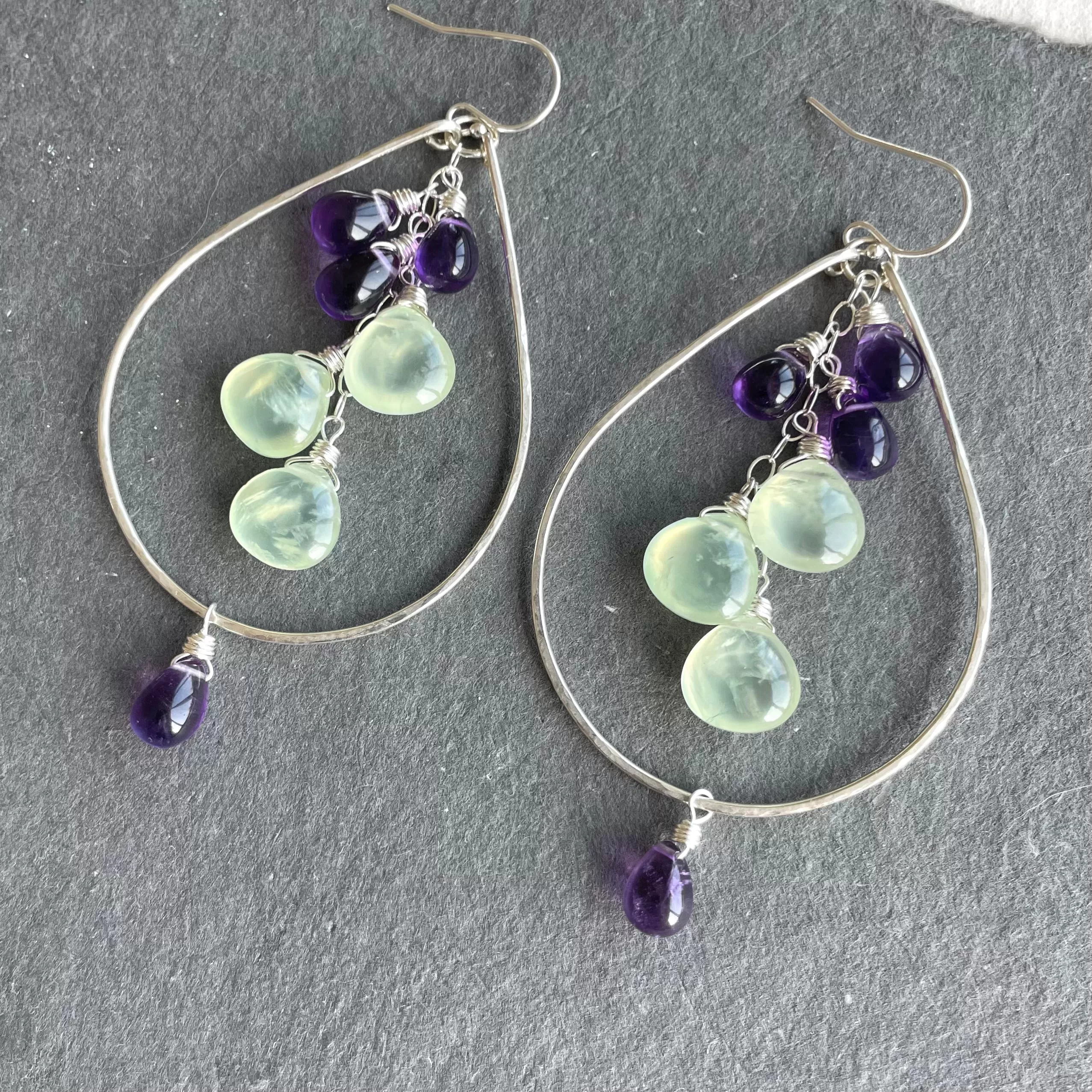 Amethyst and Prehnite Double Decker Hoops, Leverback