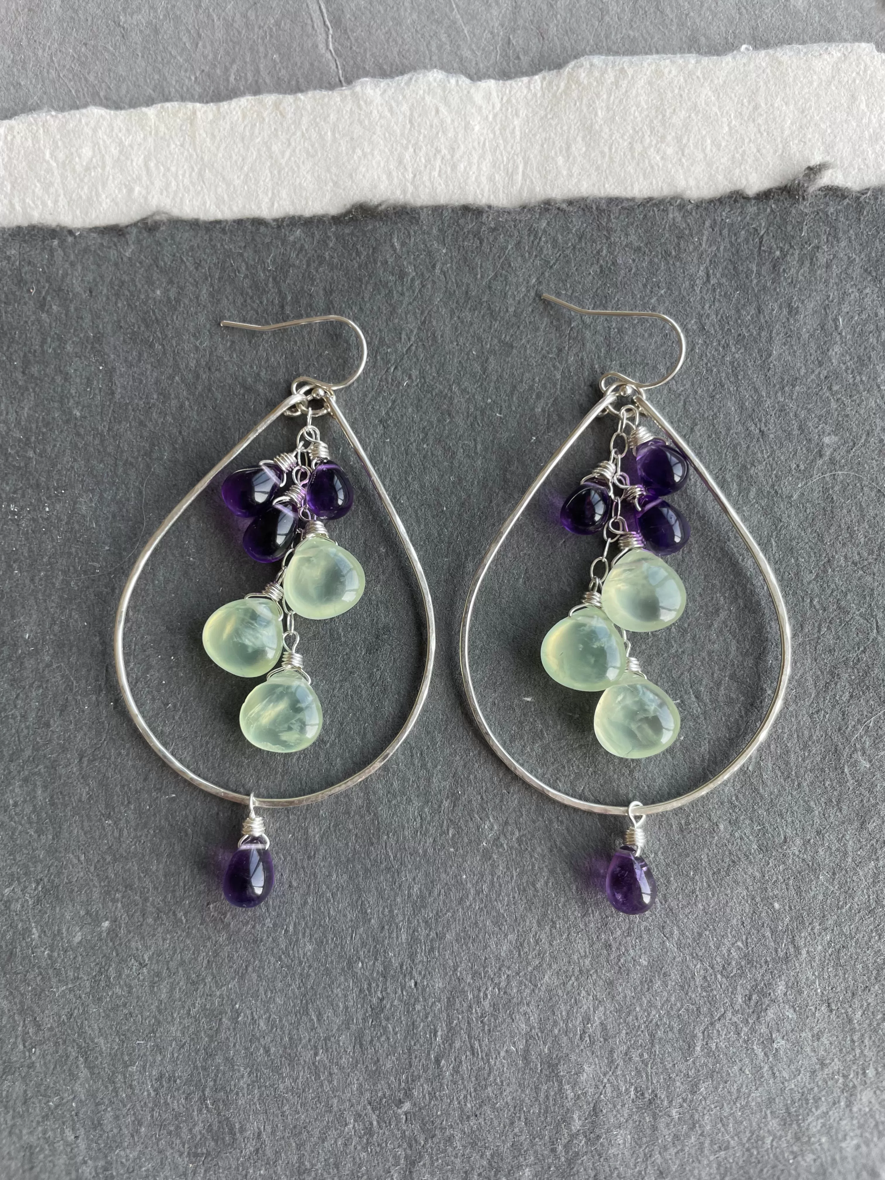 Amethyst and Prehnite Double Decker Hoops, Leverback