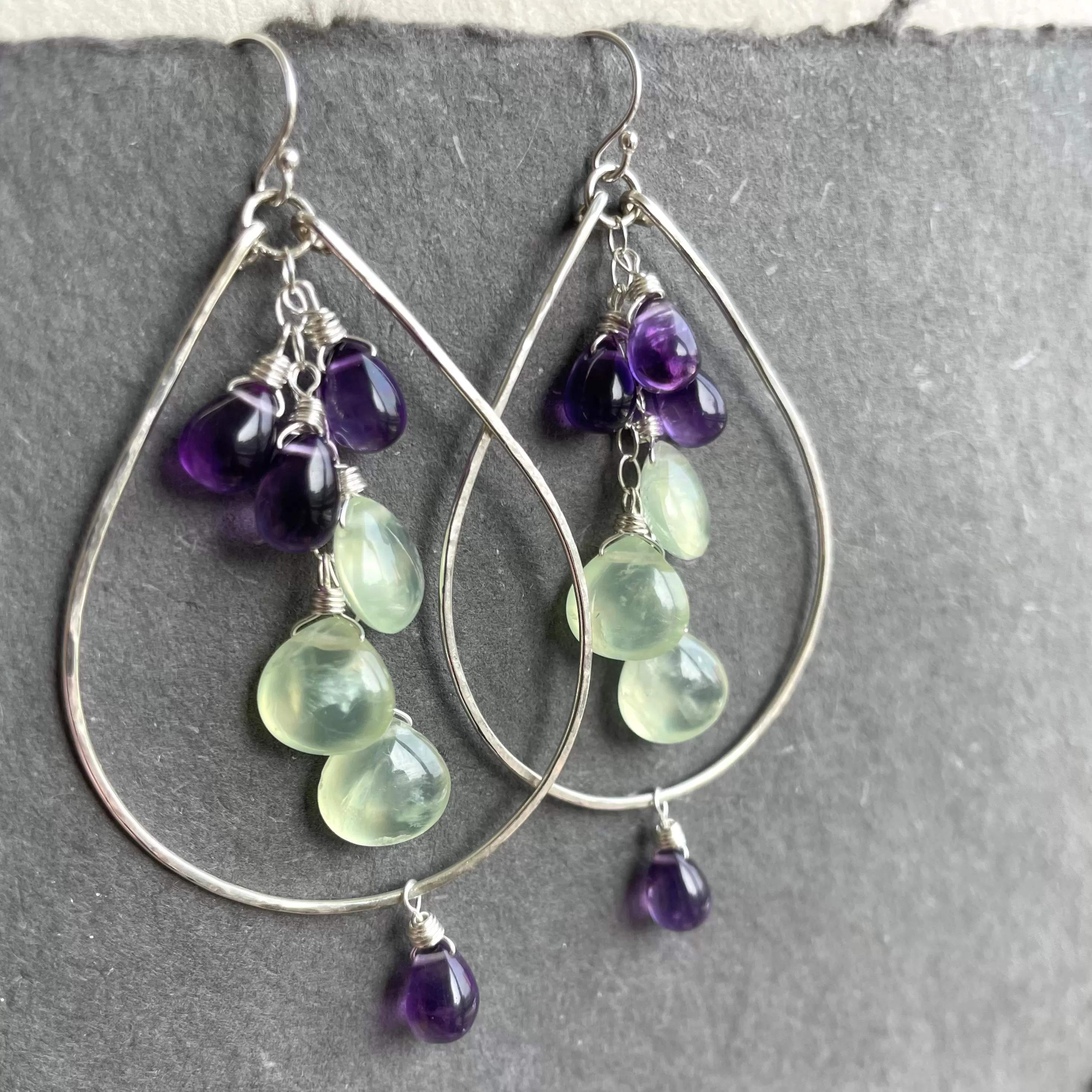 Amethyst and Prehnite Double Decker Hoops, Leverback