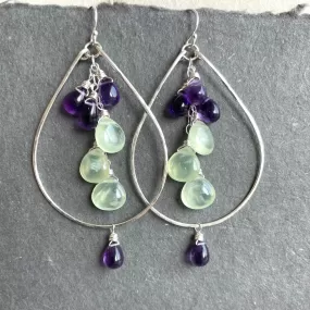 Amethyst and Prehnite Double Decker Hoops, Leverback