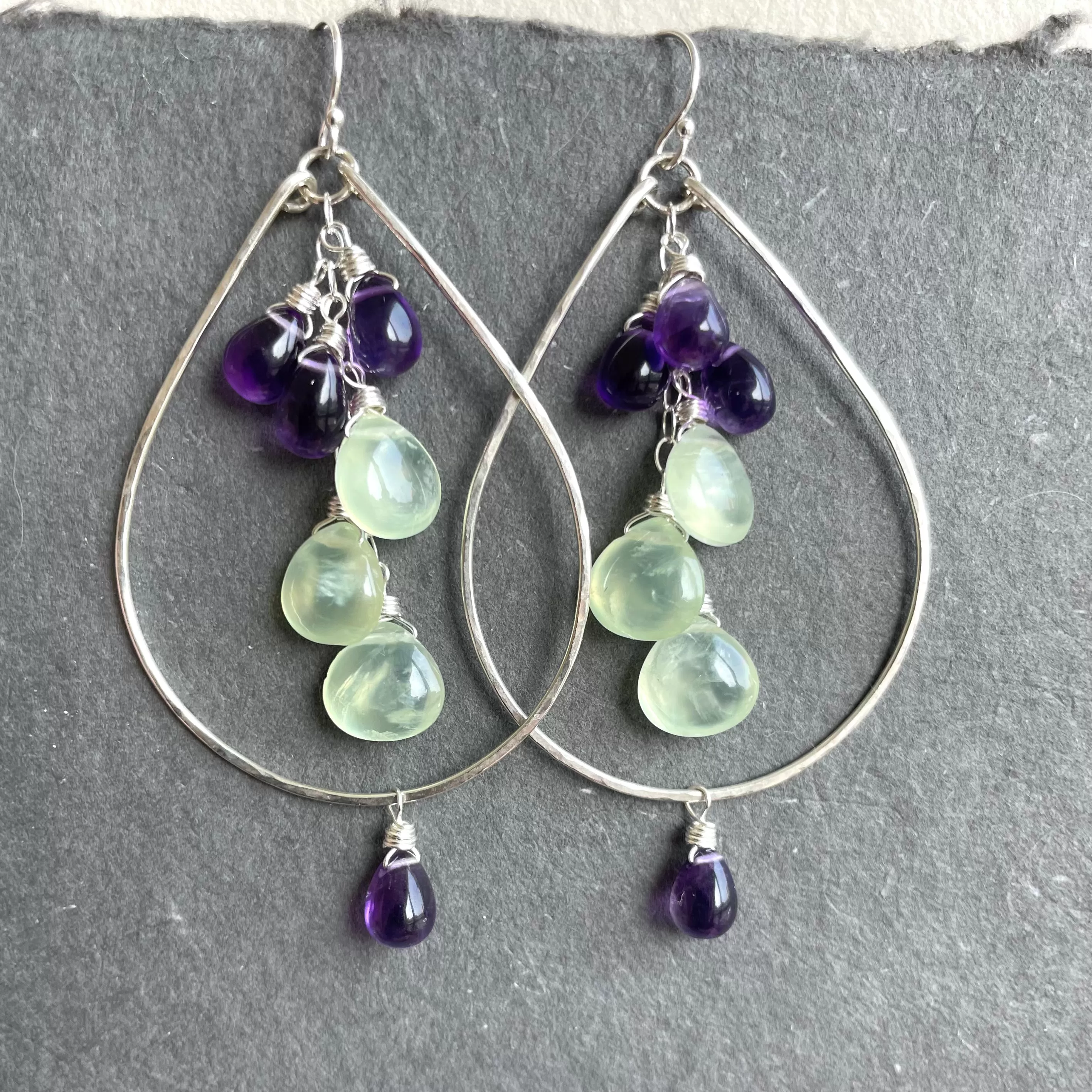 Amethyst and Prehnite Double Decker Hoops, Leverback