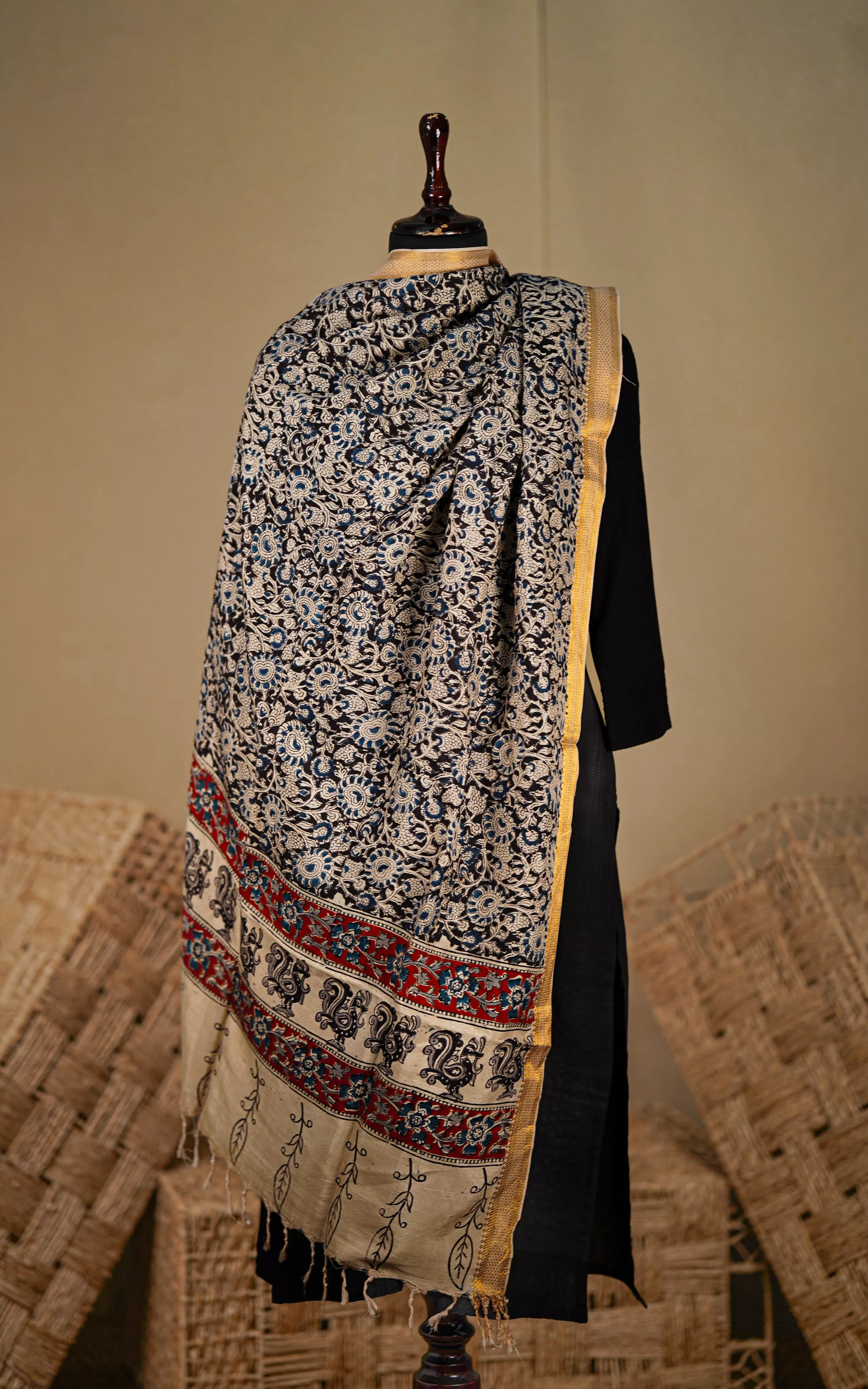 Art Silk Hand Blocked Kalamkari Dupatta 132IOS7