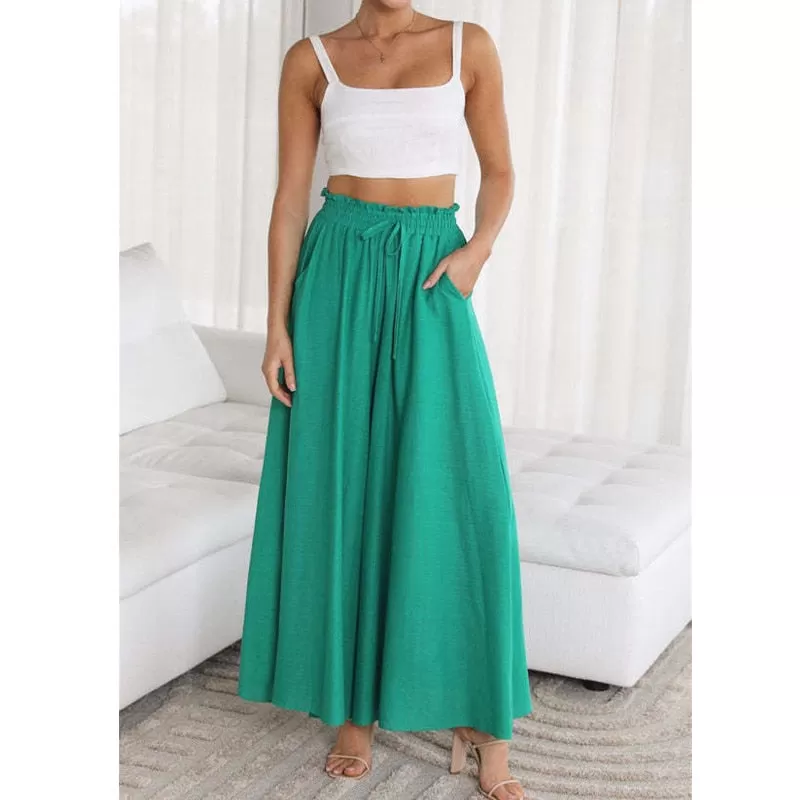 Ashore Shop Summer Wide Leg Pants Loose Casual Fashion Trousers Women Fashion Solid Color Lace-Up Pants