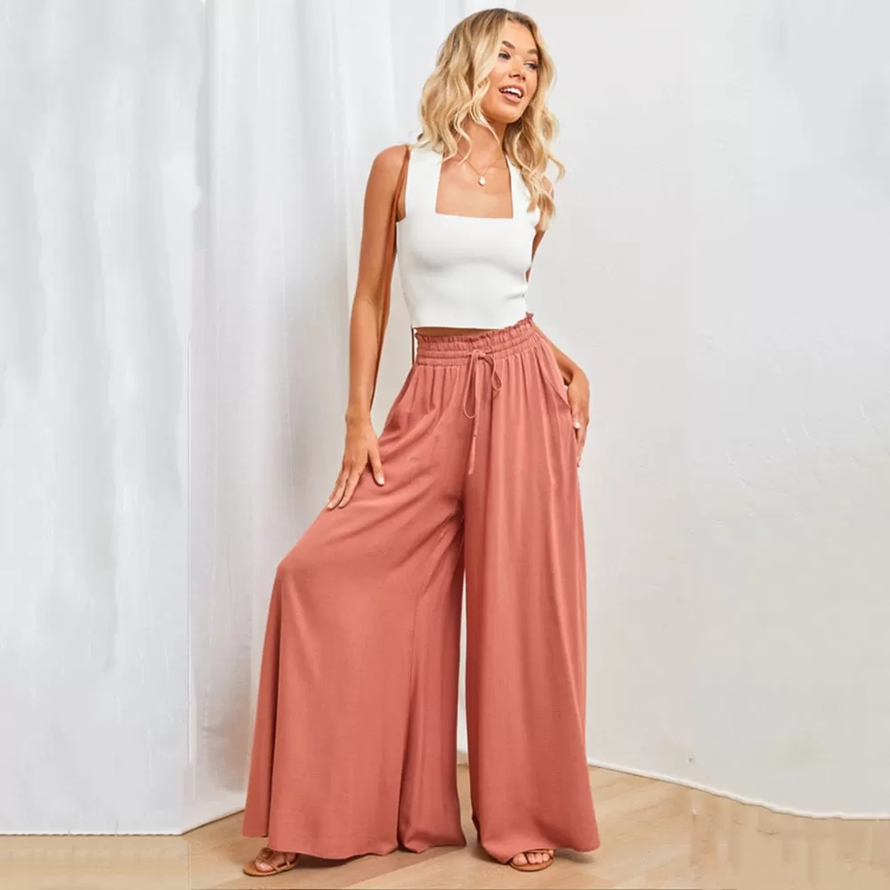 Ashore Shop Summer Wide Leg Pants Loose Casual Fashion Trousers Women Fashion Solid Color Lace-Up Pants