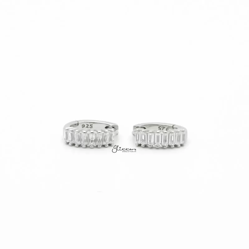 Baguette Cut CZ Huggie Hoop Earrings - Silver