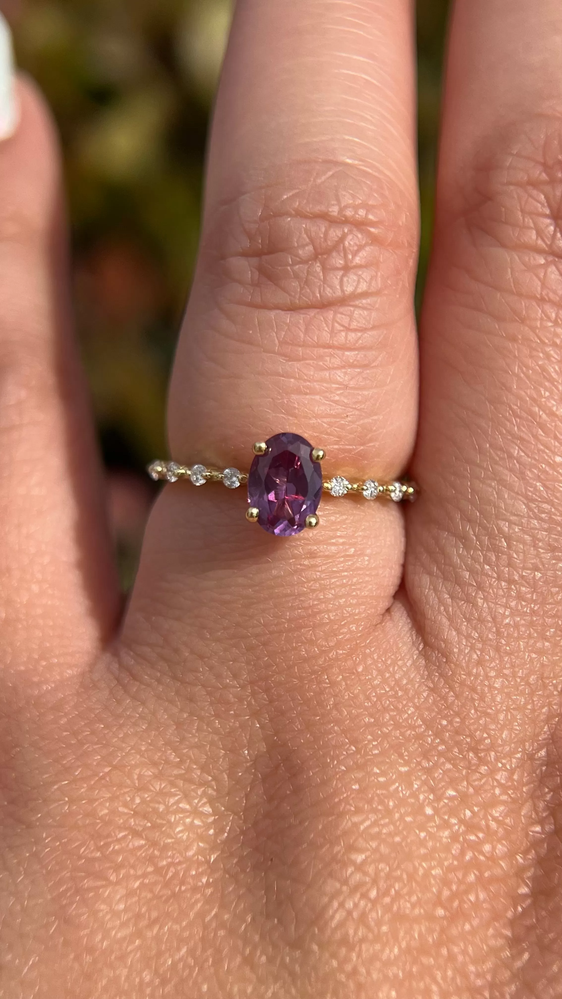 Bella 7x5mm Oval Synthetic Alexandrite Spaced Diamond Ring 14K Gold DFR013