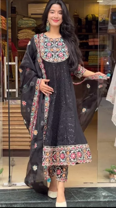 Black Designer Partywear Georgette Embroidered Salwar Suit Set