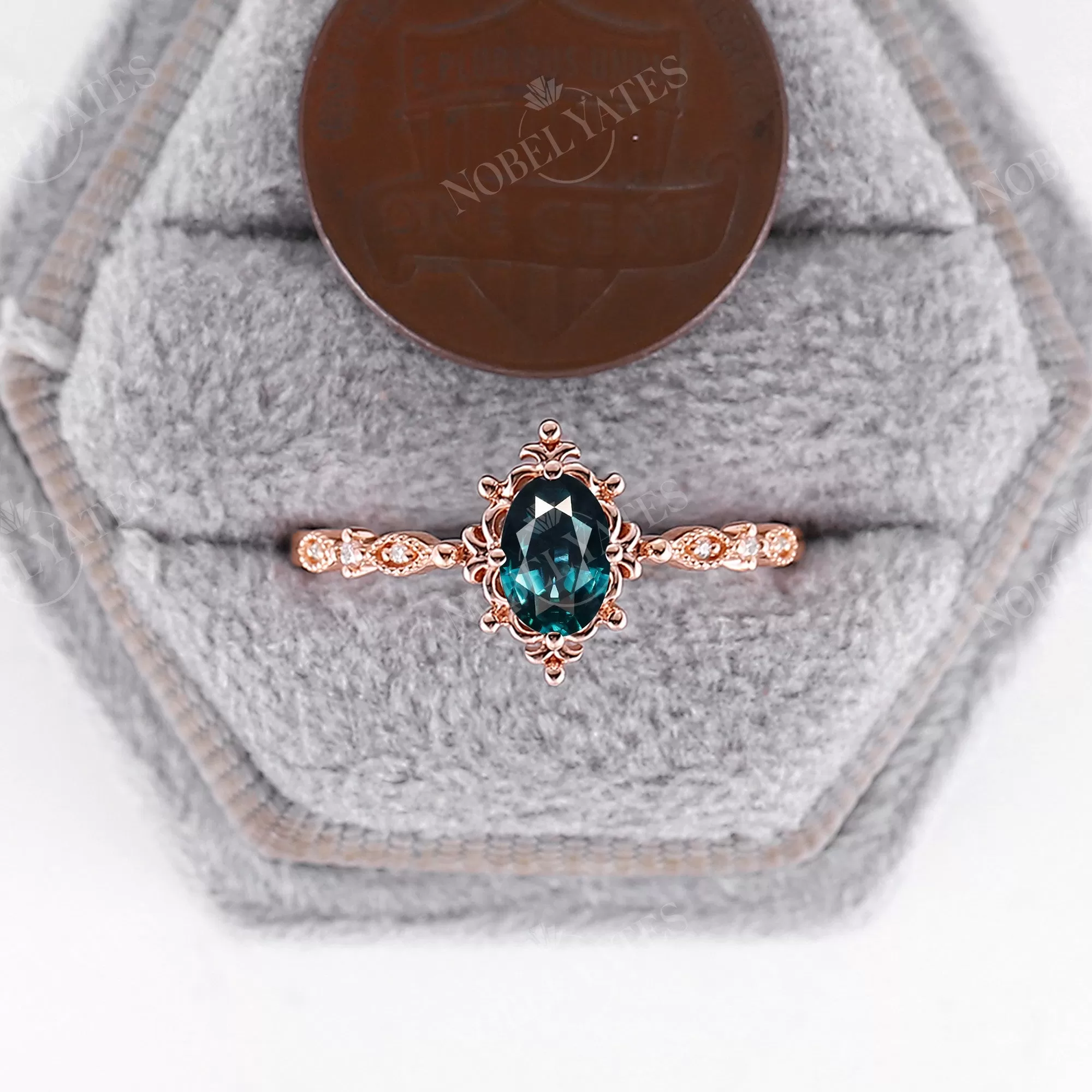 Blue Green Sapphire Vintage Filigree Milgrain Engagement Ring Rose Gold