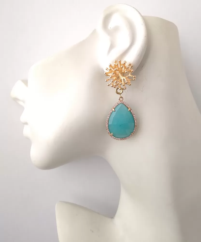 Branch Coral Stud with Teardrop Blue Chalcedony Earrings