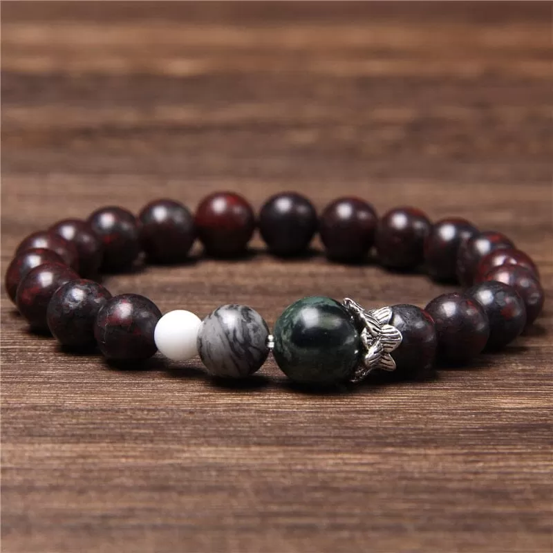 Buddhism Lotus Bloodstone Charm Bracelet