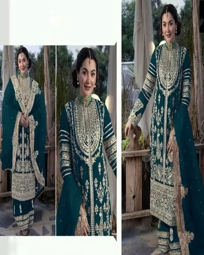 Cobalt Green Georgette Heavy Sequence Work Palazzo Suit Set