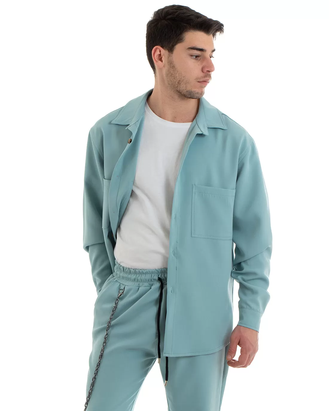 Completo Set Coordinato Uomo Viscosa Camicia Con Colletto Pantaloni Outfit Verde Acqua GIOSAL-OU2253A