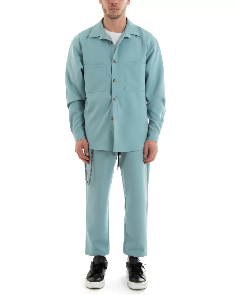 Completo Set Coordinato Uomo Viscosa Camicia Con Colletto Pantaloni Outfit Verde Acqua GIOSAL-OU2253A