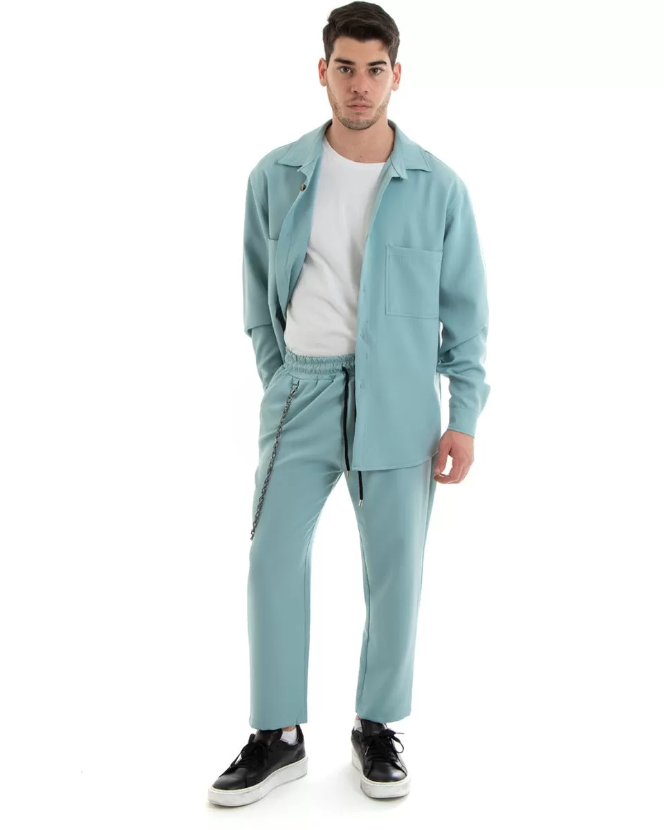 Completo Set Coordinato Uomo Viscosa Camicia Con Colletto Pantaloni Outfit Verde Acqua GIOSAL-OU2253A