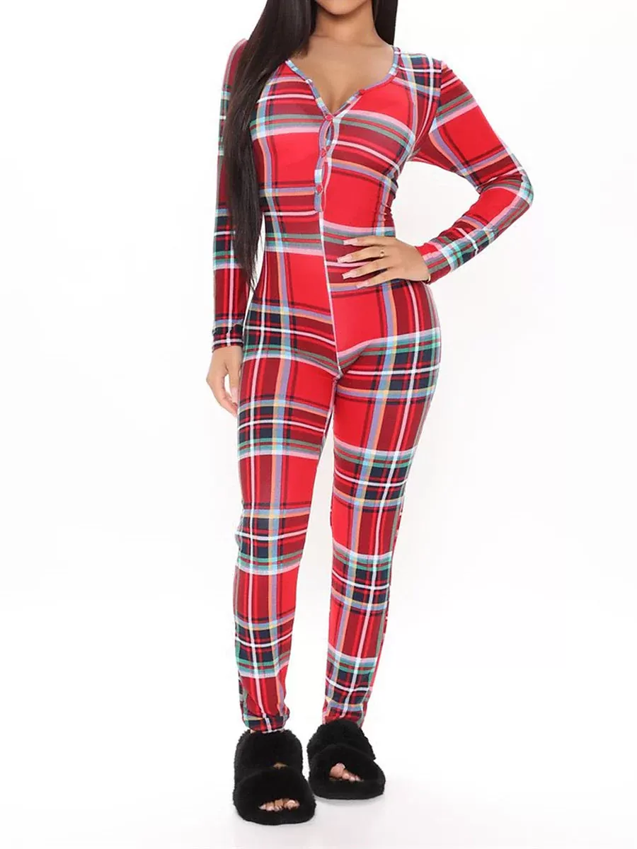 Cozy Women's Grid Plaid Onesie with V-Wire Detail and Button Closure