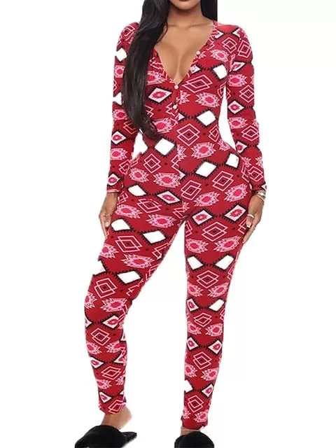 Cozy Women's Grid Plaid Onesie with V-Wire Detail and Button Closure