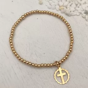 Cross Outline Bead Bracelet Gold Fill