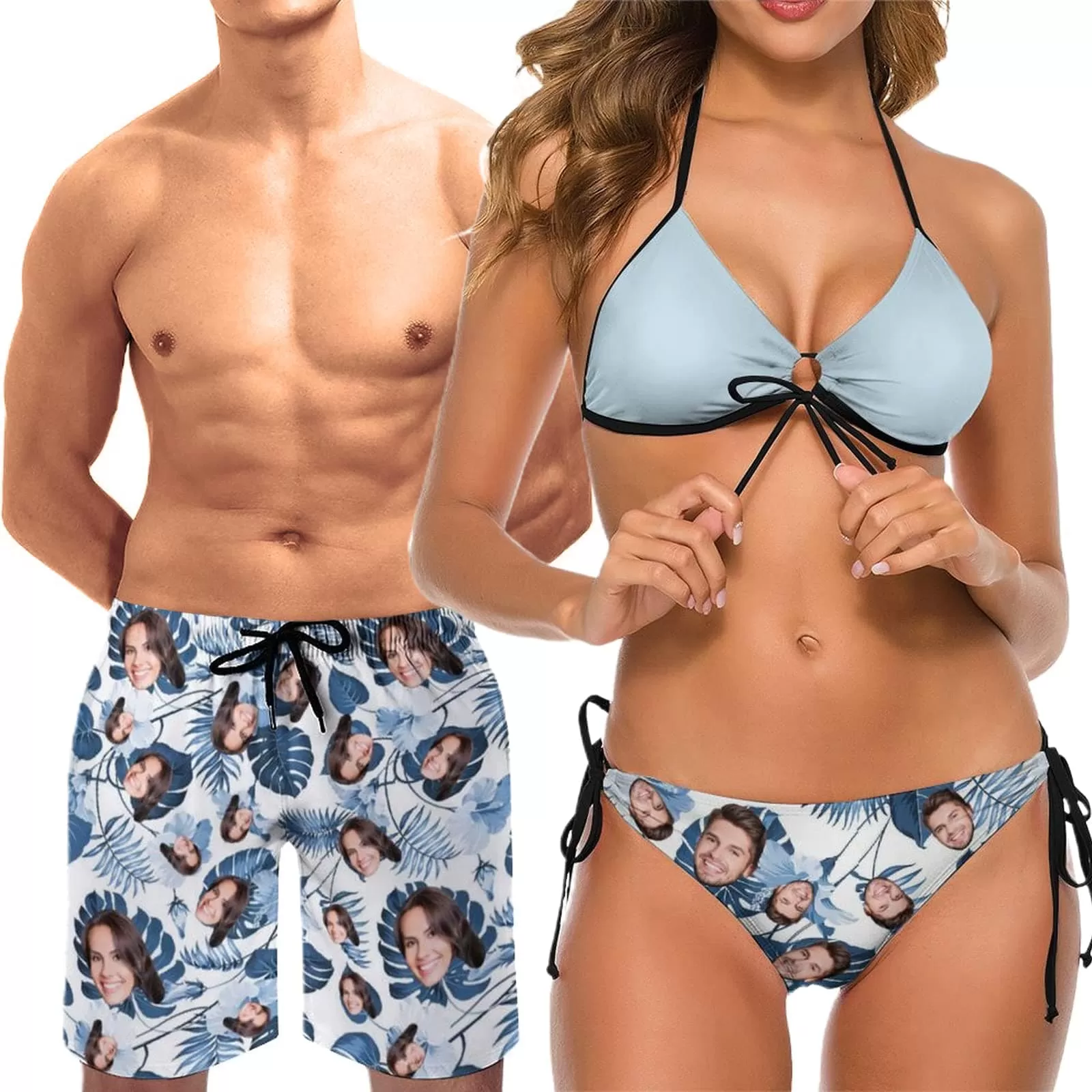 Custom Face Tropical Tree Couple Matching Swimsuit Women's Two-Piece Triangle Bikini Bathing Suit Men's Swim Shorts