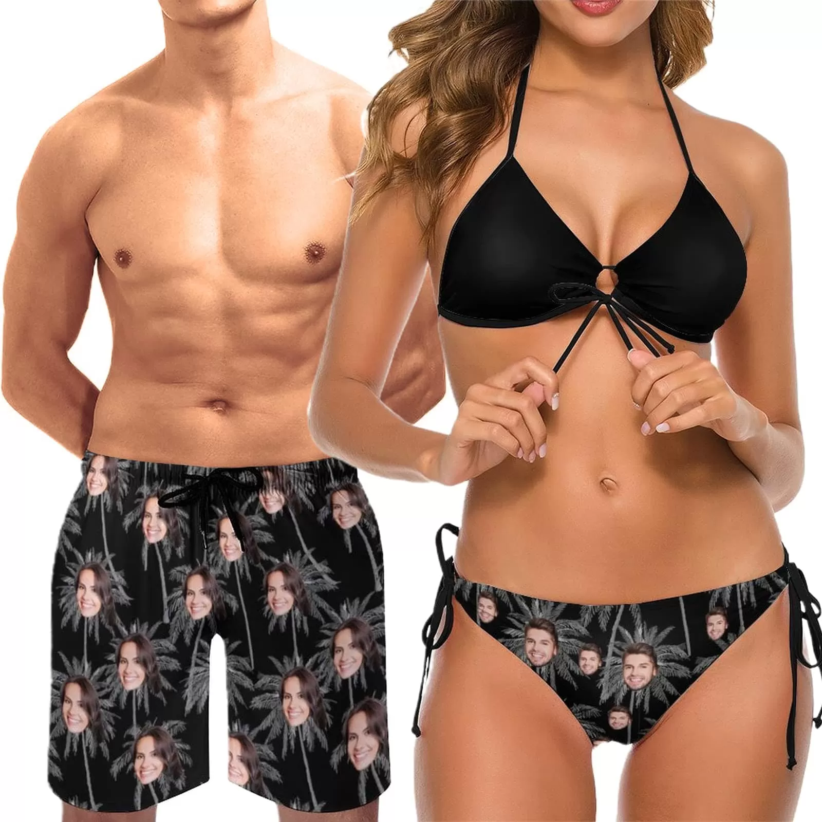 Custom Face Tropical Tree Couple Matching Swimsuit Women's Two-Piece Triangle Bikini Bathing Suit Men's Swim Shorts