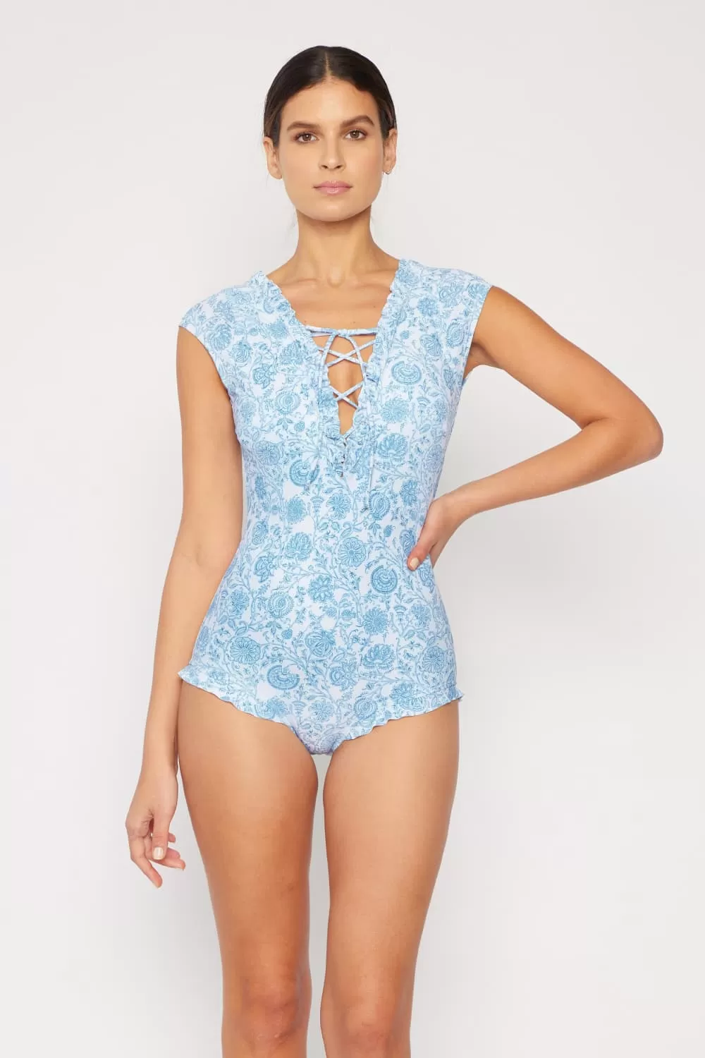 Damen Marina West Swim Bring Me Flowers Einteiliger Badeanzug mit V-Ausschnitt in Distelblau, Mutter-Tochter-Bademode