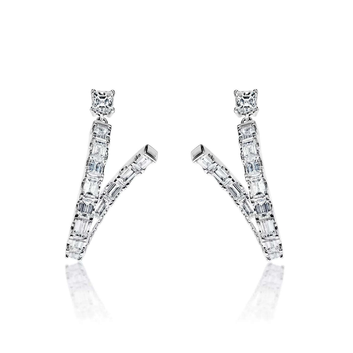 Davina 6 Carat Emerald Cut Diamond Dangle Earrings in 18k White Gold By Mike Nekta