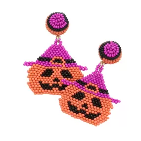 Felt Back Beaded Witch Hat Pumpkin Dangle Earrings