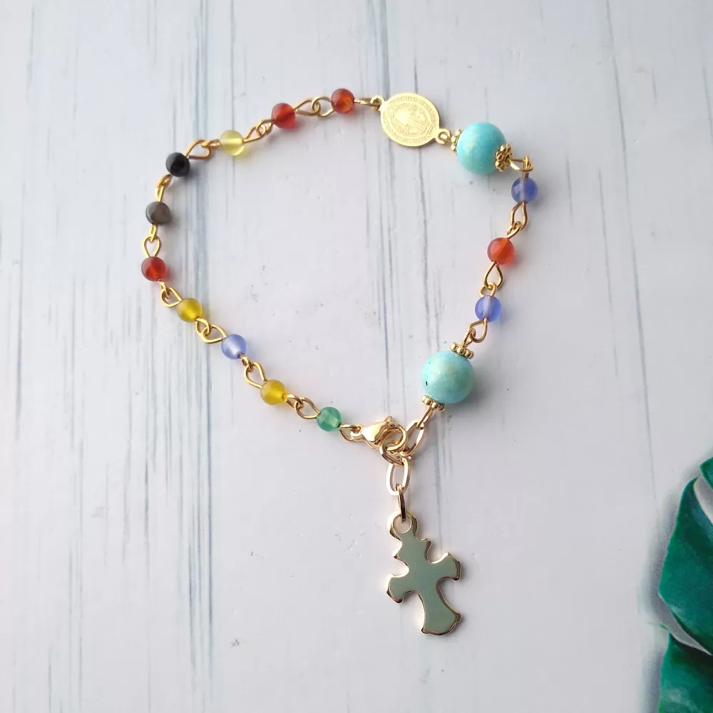 Gemstone Rosary Bracelet with Amazonite bead & Metal Cross