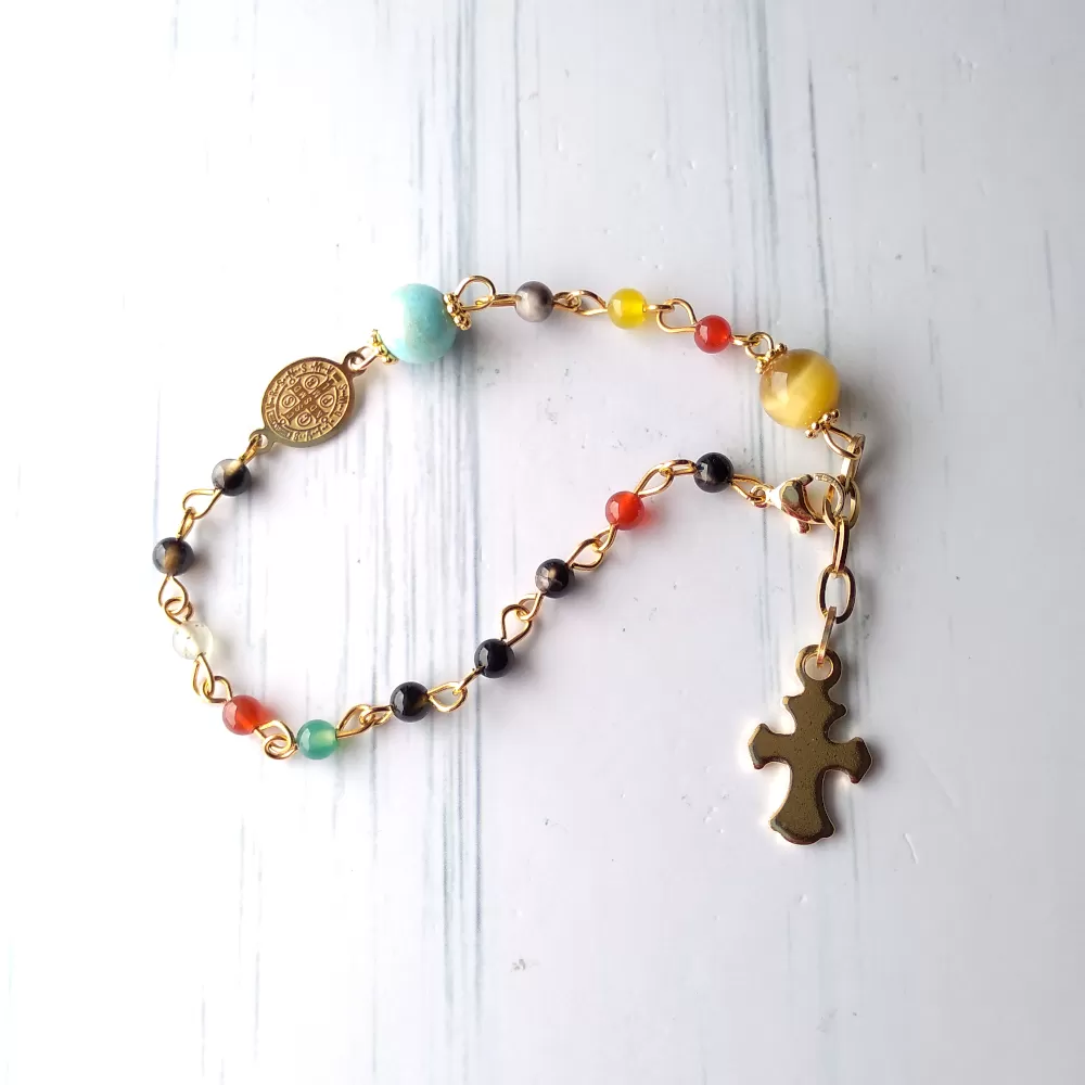 Gemstone Rosary Bracelet with Amazonite bead & Metal Cross