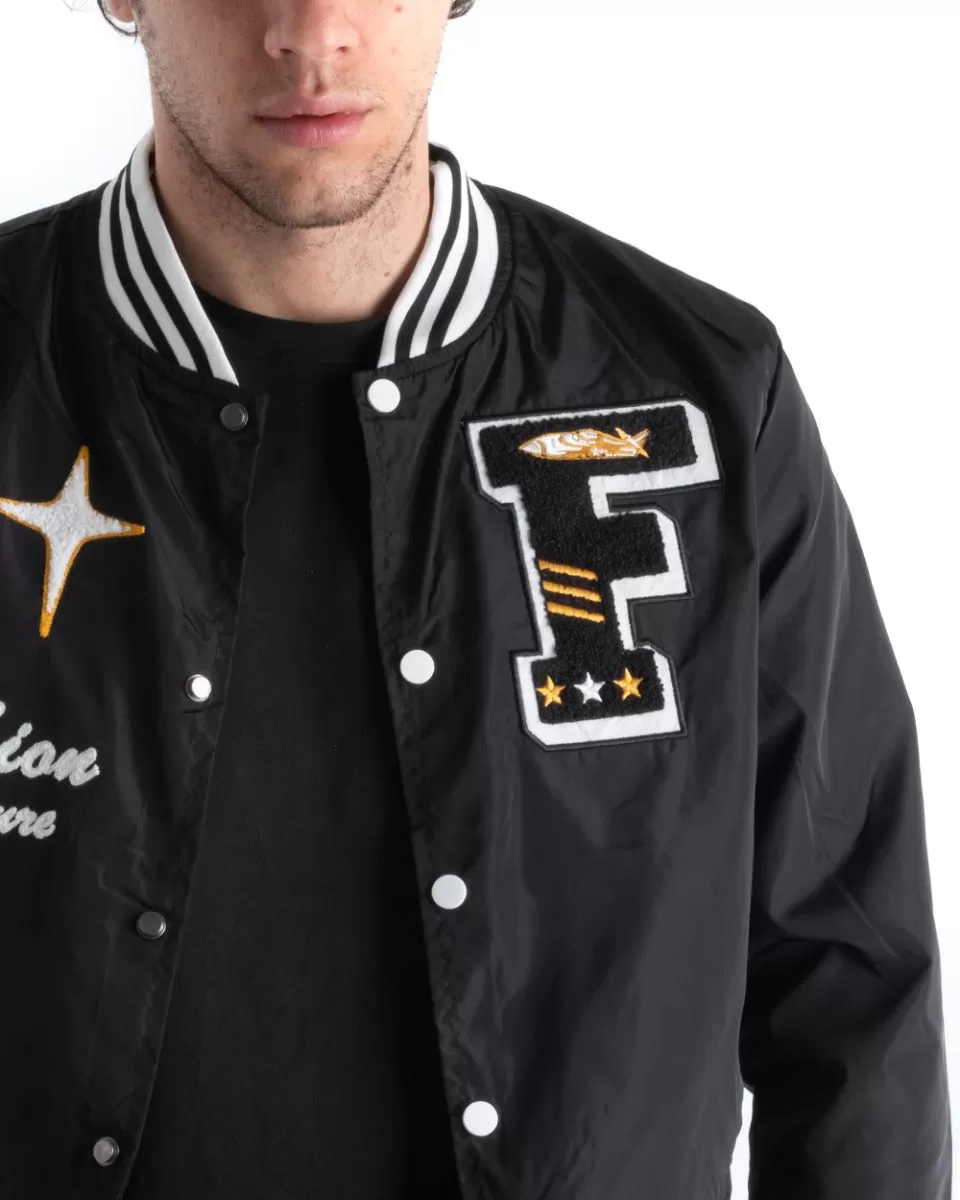 Giubbotto Uomo Giacca Bomber Nero Con Patch Tessuto Tecnico GIOSAL-G2826A