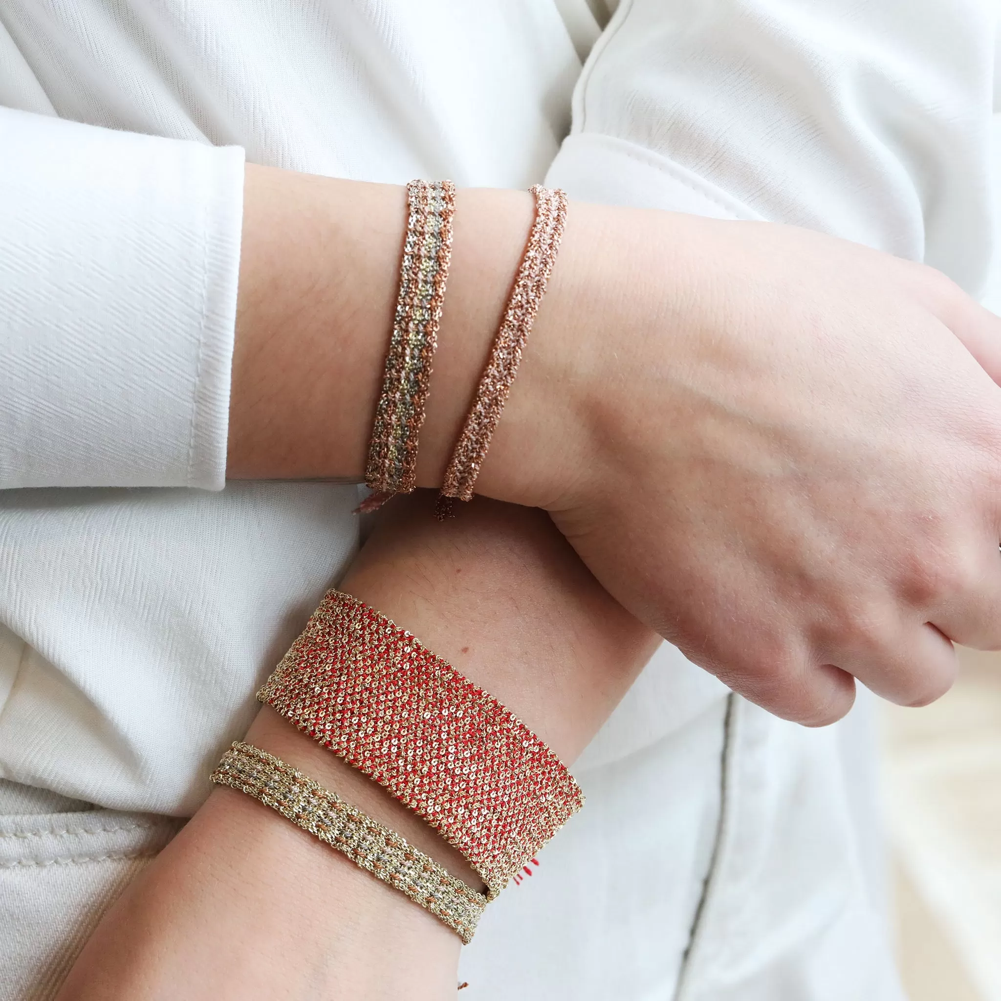 Gold Vermeil & Red Silk Woven Wide Bracelet