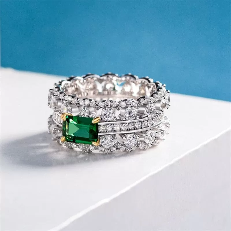 Green Cubic Emerald Silver Ring