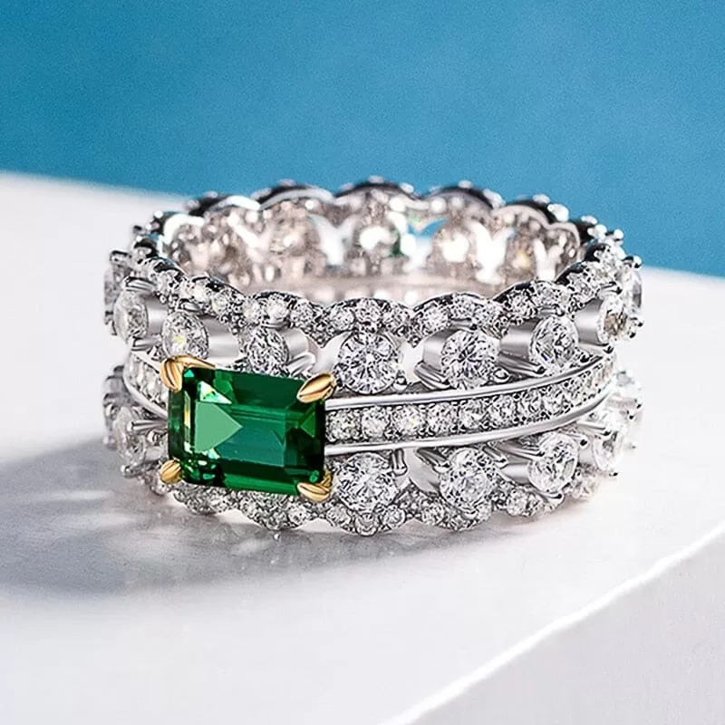 Green Cubic Emerald Silver Ring