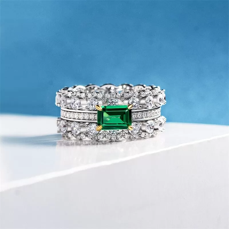 Green Cubic Emerald Silver Ring