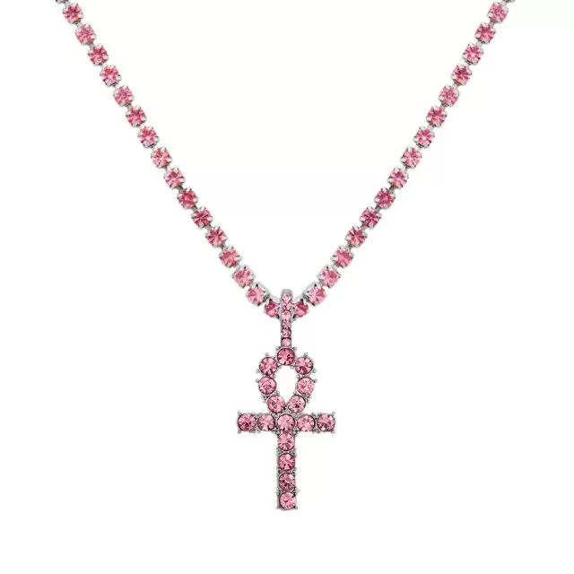 Iced Out Crystal Ankh & Cross Pendant Tennis Necklace Shining Rhinestone Chain