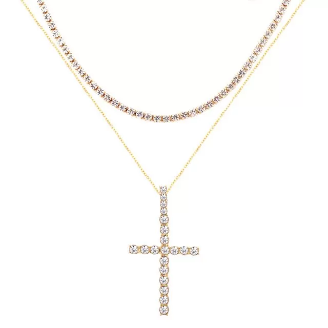 Iced Out Crystal Ankh & Cross Pendant Tennis Necklace Shining Rhinestone Chain