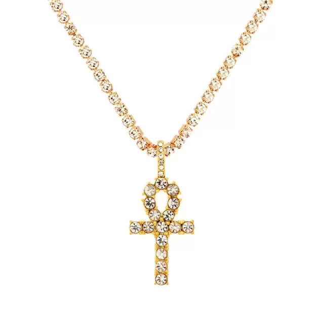 Iced Out Crystal Ankh & Cross Pendant Tennis Necklace Shining Rhinestone Chain