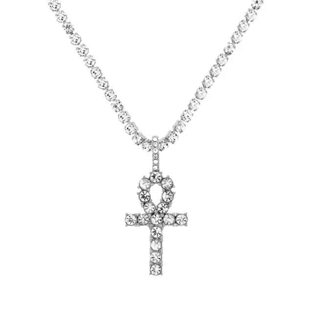 Iced Out Crystal Ankh & Cross Pendant Tennis Necklace Shining Rhinestone Chain