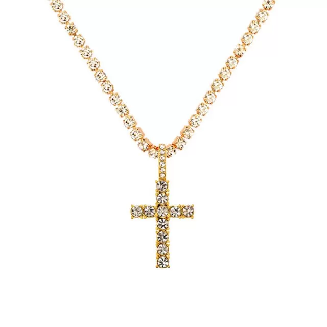 Iced Out Crystal Ankh & Cross Pendant Tennis Necklace Shining Rhinestone Chain