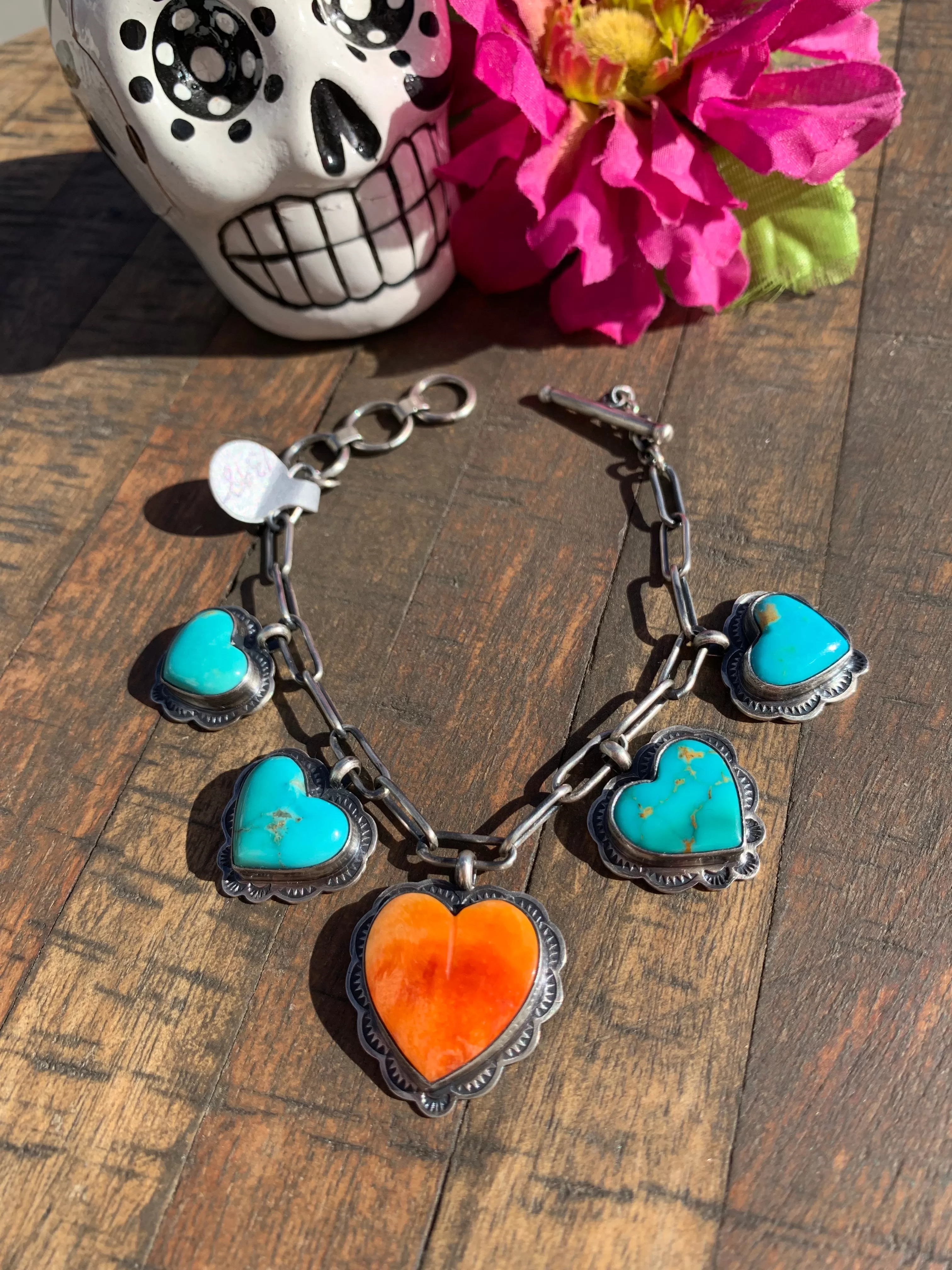 Kingman and Orange Spiny Heart Charm Bracelet