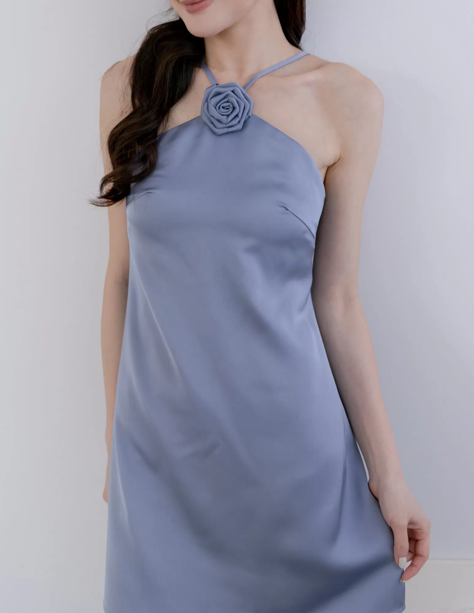 Lyra Satin Halter Dress in Blue