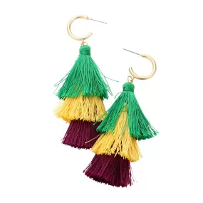 Mardi Gras Metal Hoop Triple Layered Tassel Dangle Earrings