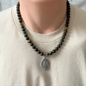 Mens Rhyolite and Saint Teresa Beaded Necklace